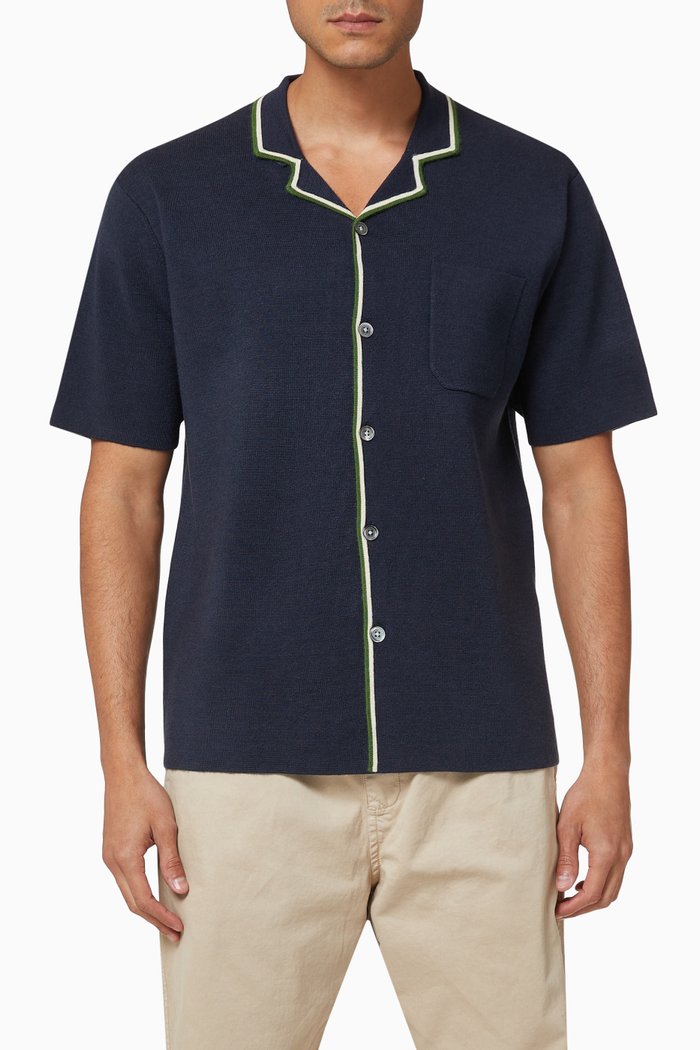 

Striped Edge Wool-Blend Knit Shirt, Blue