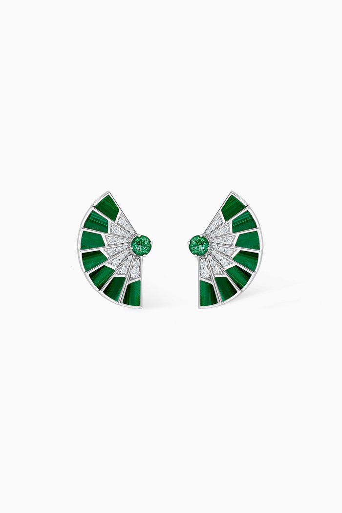 

Fanfare Symphony Diamond Earrings with Emerald & Malachite in 18kt White Gold, Green