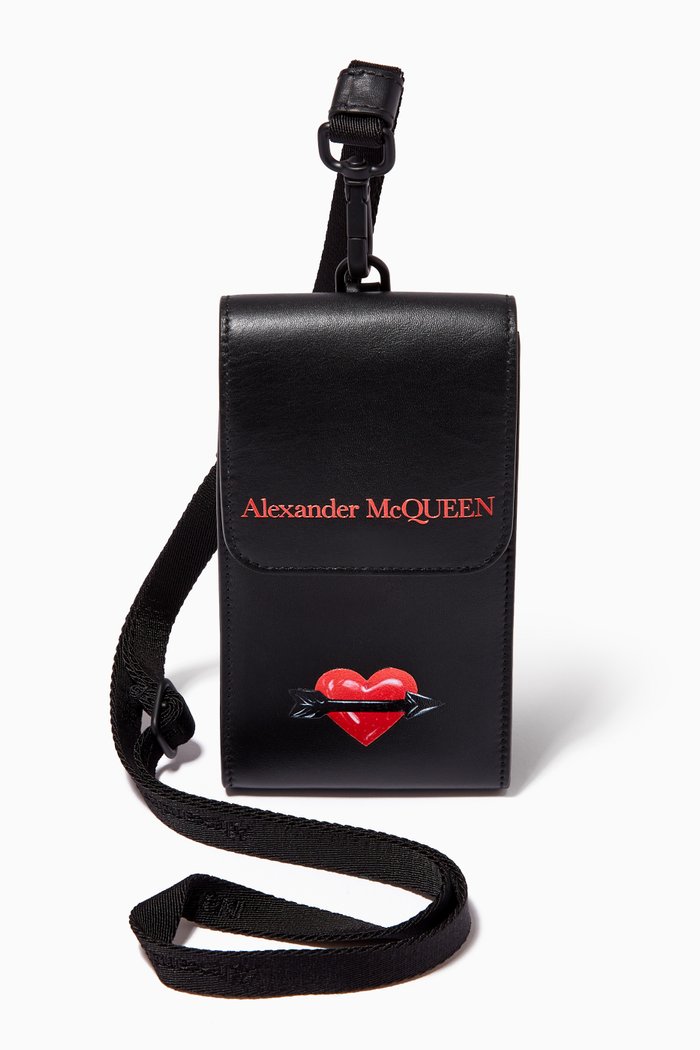 

Phone Pouch with Heart Print in Leather, Red