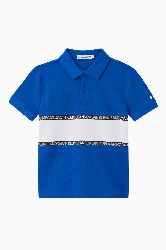 Colour-block Logo Tape Polo Shirt in Organic Cotton Piqué, Blue