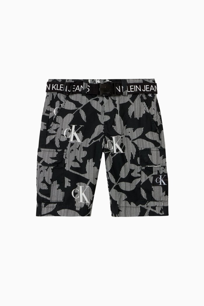 

All-Over Printed Cargo Shorts in Cotton Nylon Ripstop, Black
