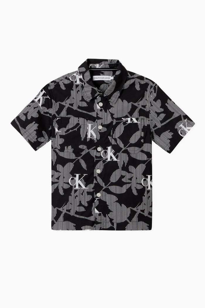 

Leaf Print Shirt in Cotton Stretch Ripstop, Black