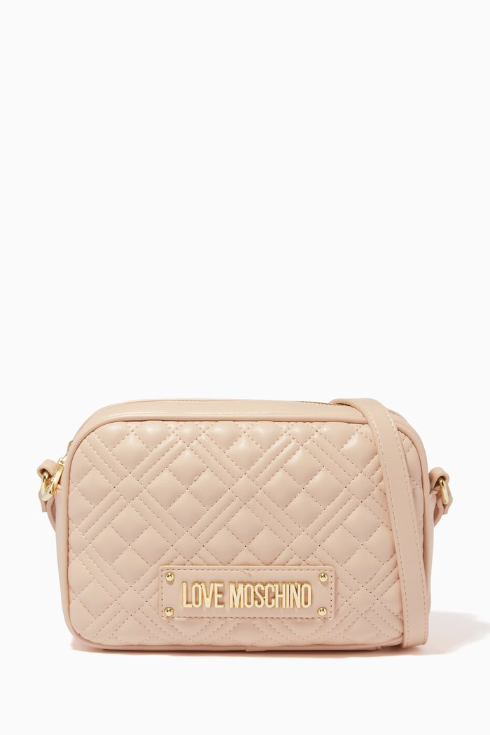 

Quilted Logo Crossbody Bag in Faux Leather, Neutral