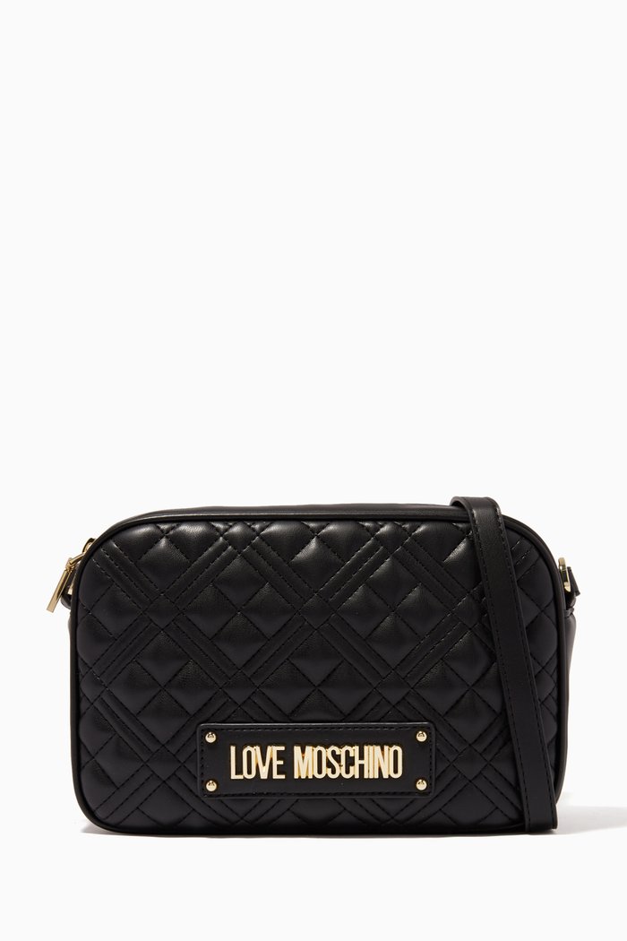 

Quilted Logo Crossbody Bag in Faux Leather, Black