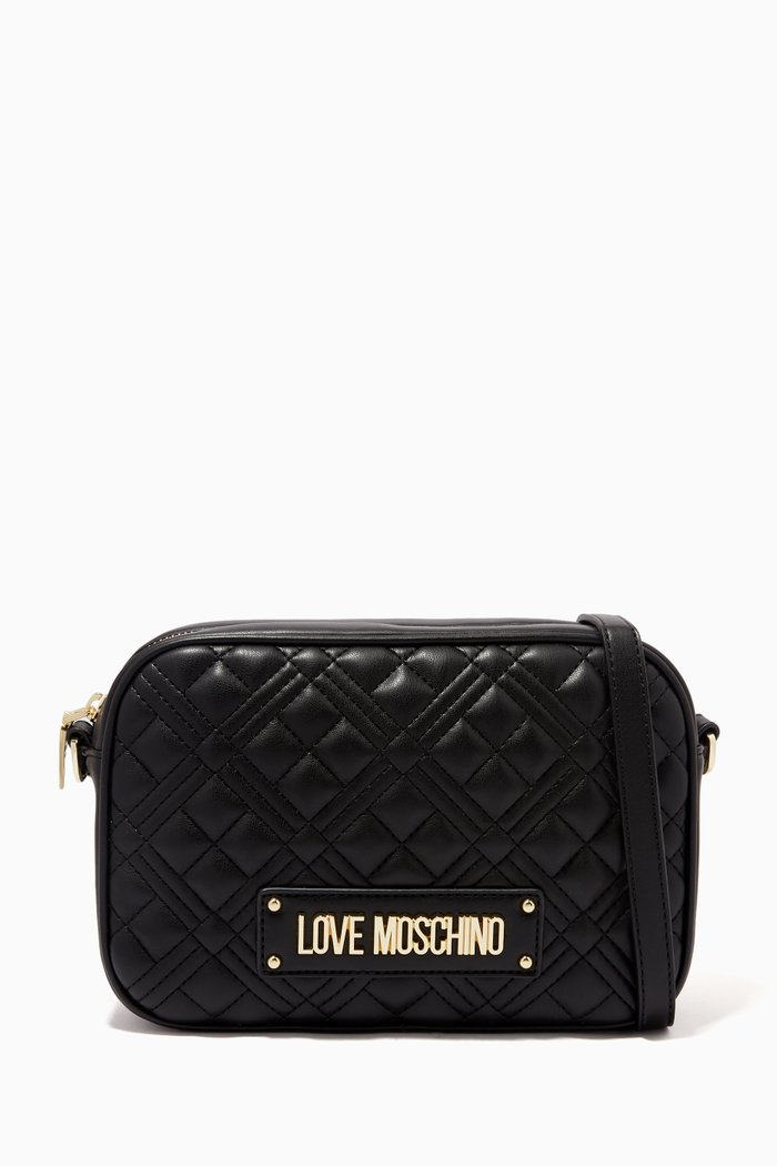 

Quilted Logo Crossbody Bag in Faux Leather, Black