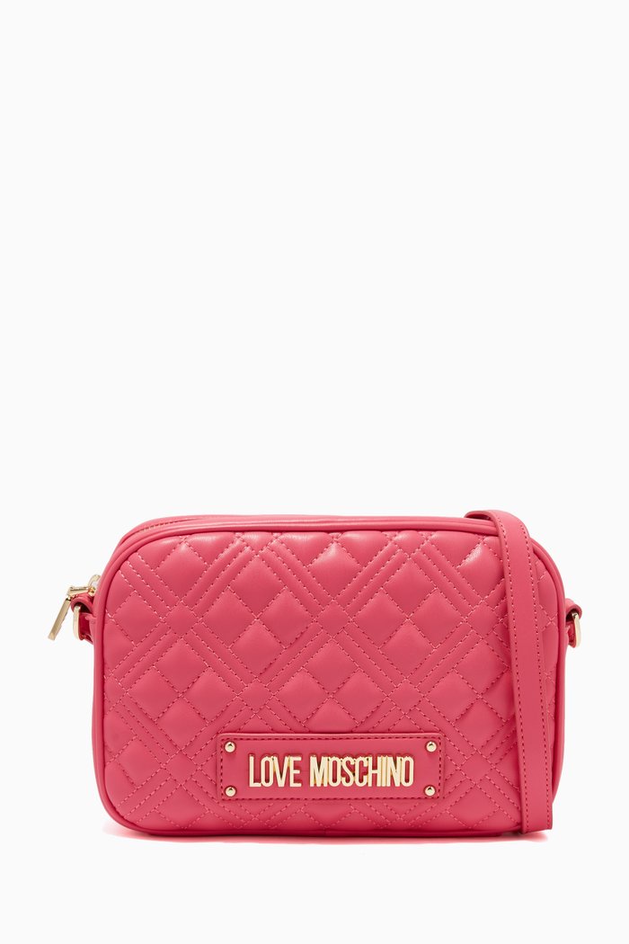 

Quilted Logo Crossbody Bag in Faux Leather, Pink