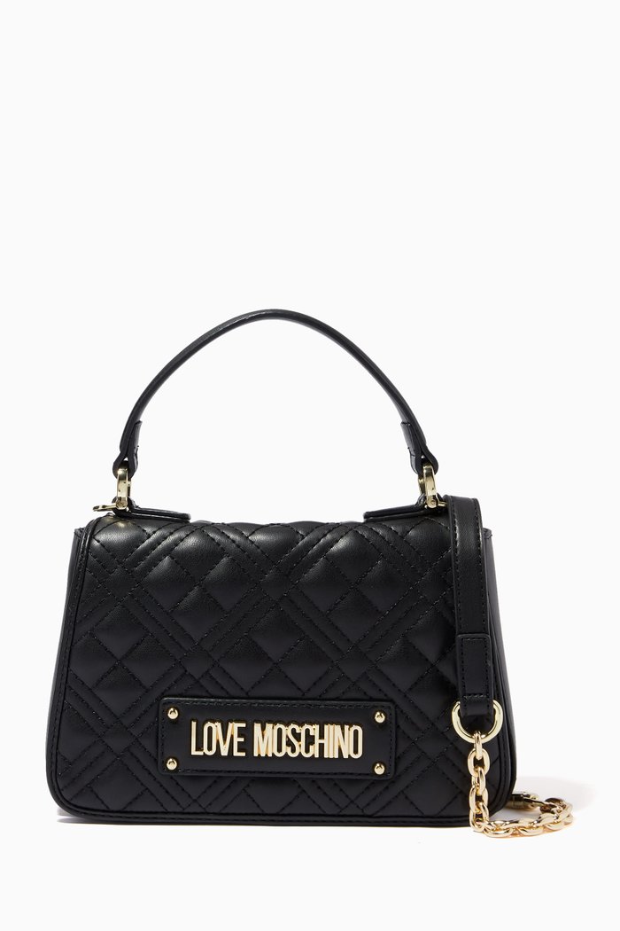 Small Quilted Top Handle Bag in Faux Leather, Black