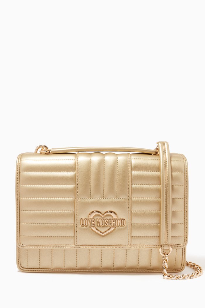 

Metallic Quilted Shoulder Bag in Faux Leather, Gold