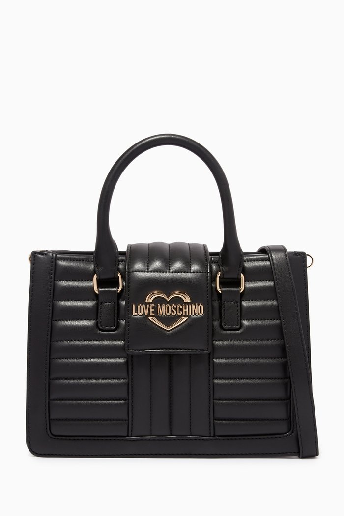 

Logo Buckle Quilted Top Handle Bag in Faux Leather, Black