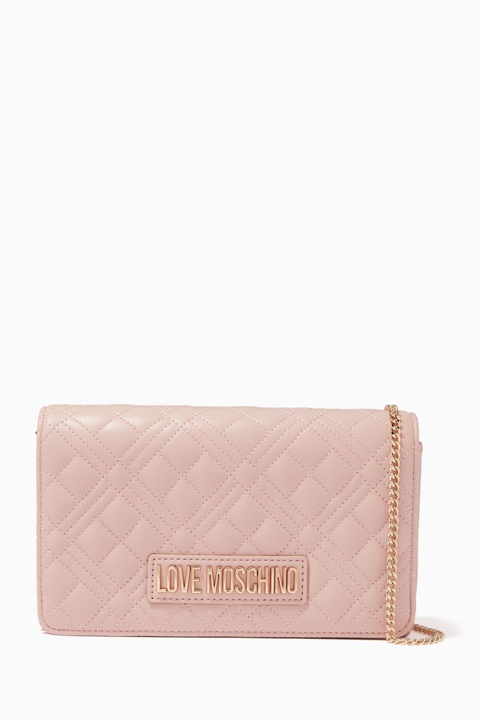 New Shiny Quilted Crossbody Clutch in Faux Leather, Pink