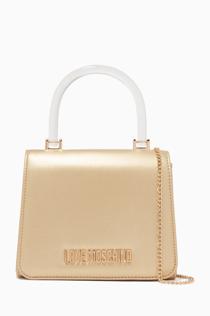 Metallic Mini Top Handle Bag in Faux Leather, Gold