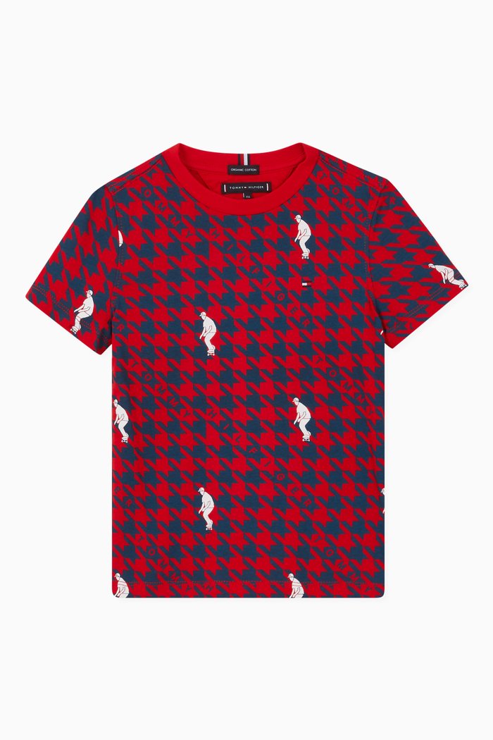 

Houndstooth Check & Skater Print T-shirt in Organic Cotton Jersey, Red