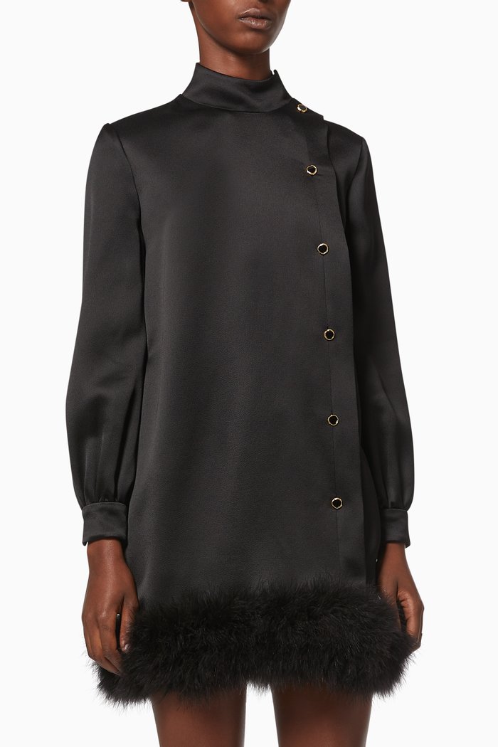 

Mini Dress with Feathers in Viscose Satin Crêpe, Black