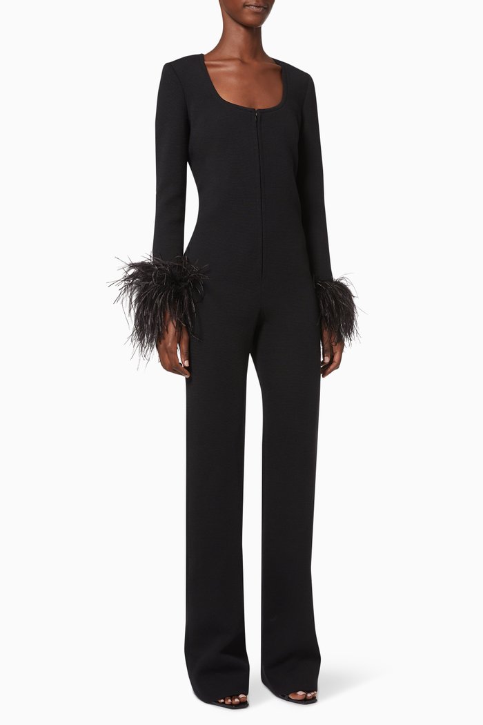 

Jumpsuit with Ostrich Feathers in Wool Jersey, Black