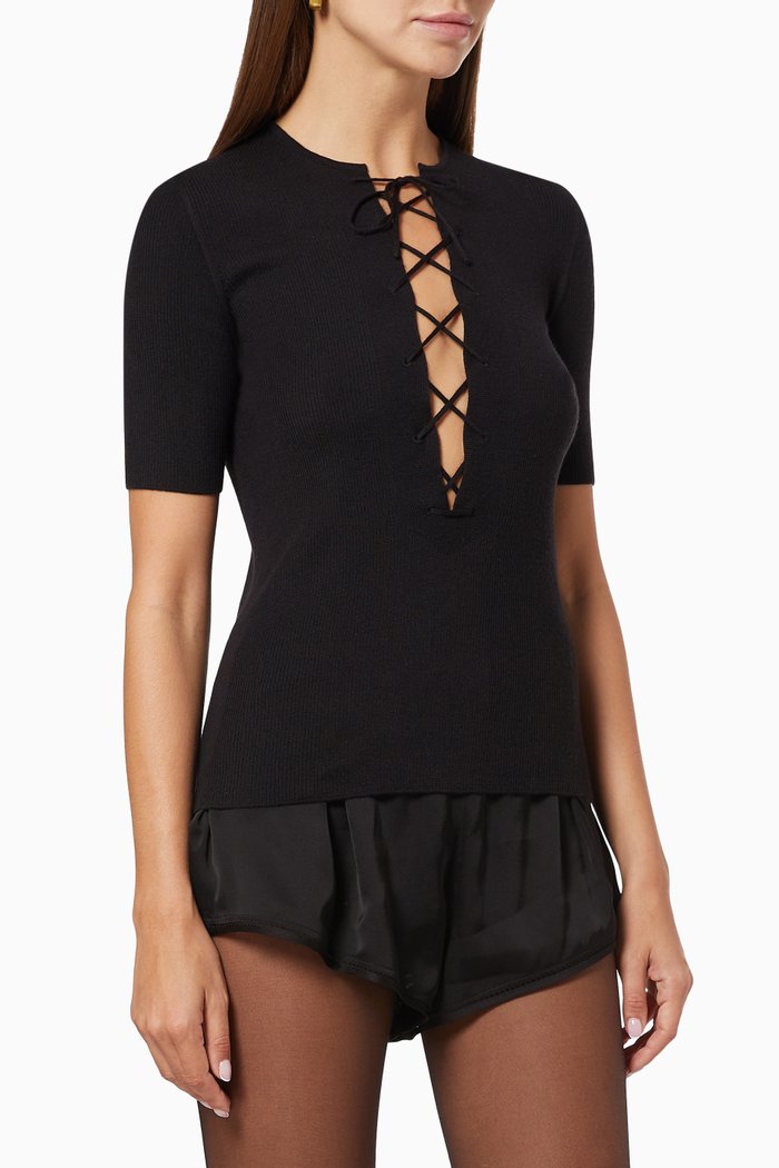 

Lace-up T-shirt in Ribbed Wool, Cashmere & Silk, Black
