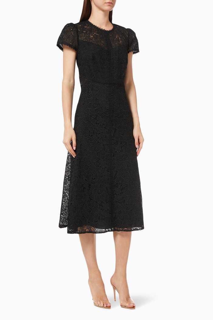 Cap Sleeve Midi Dress in Lace, Black