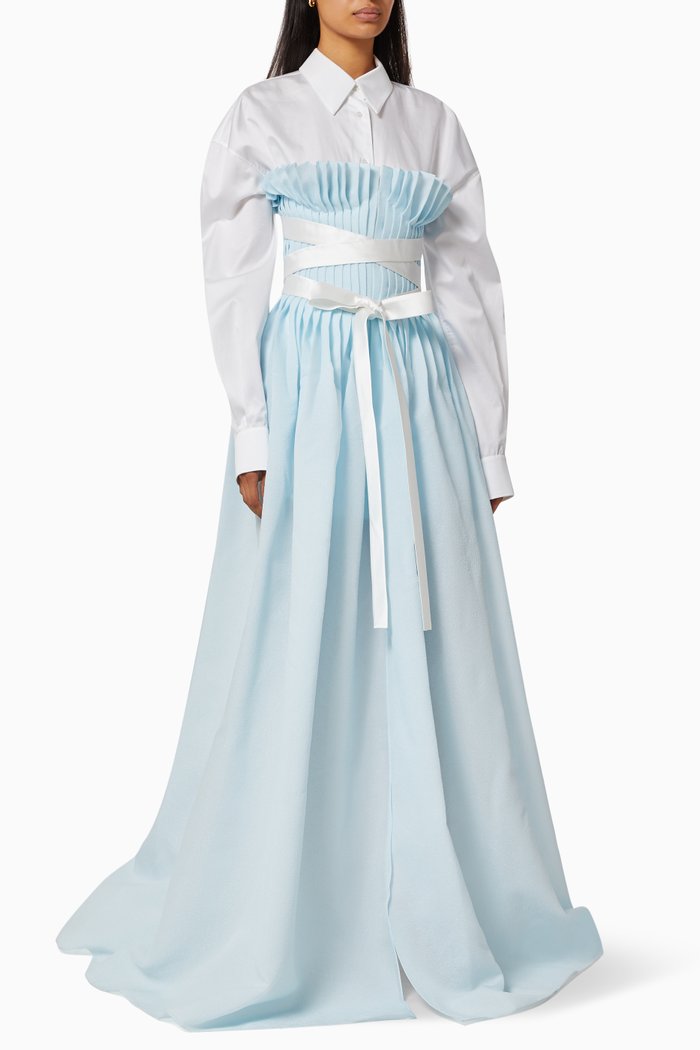 

Pleated Shirt Dress in Organza, Blue