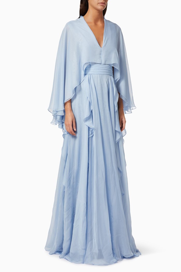 

Ruffle Cape Dress in Chiffon, Blue