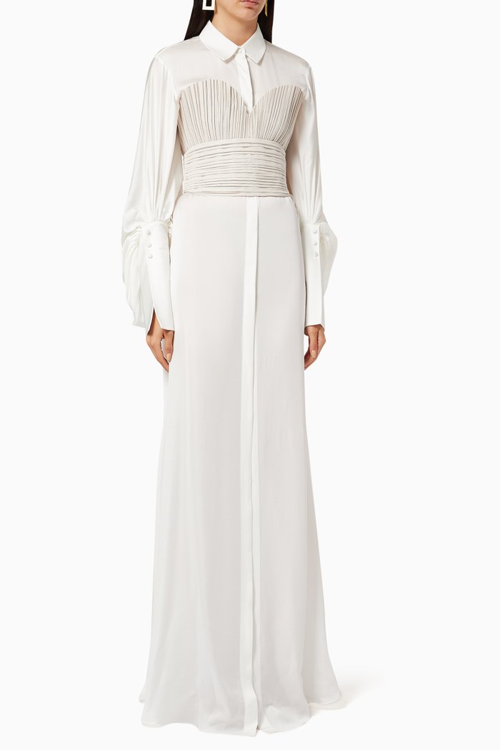 

Viscose Shirt Dress with Pleated Taffeta Corset, White