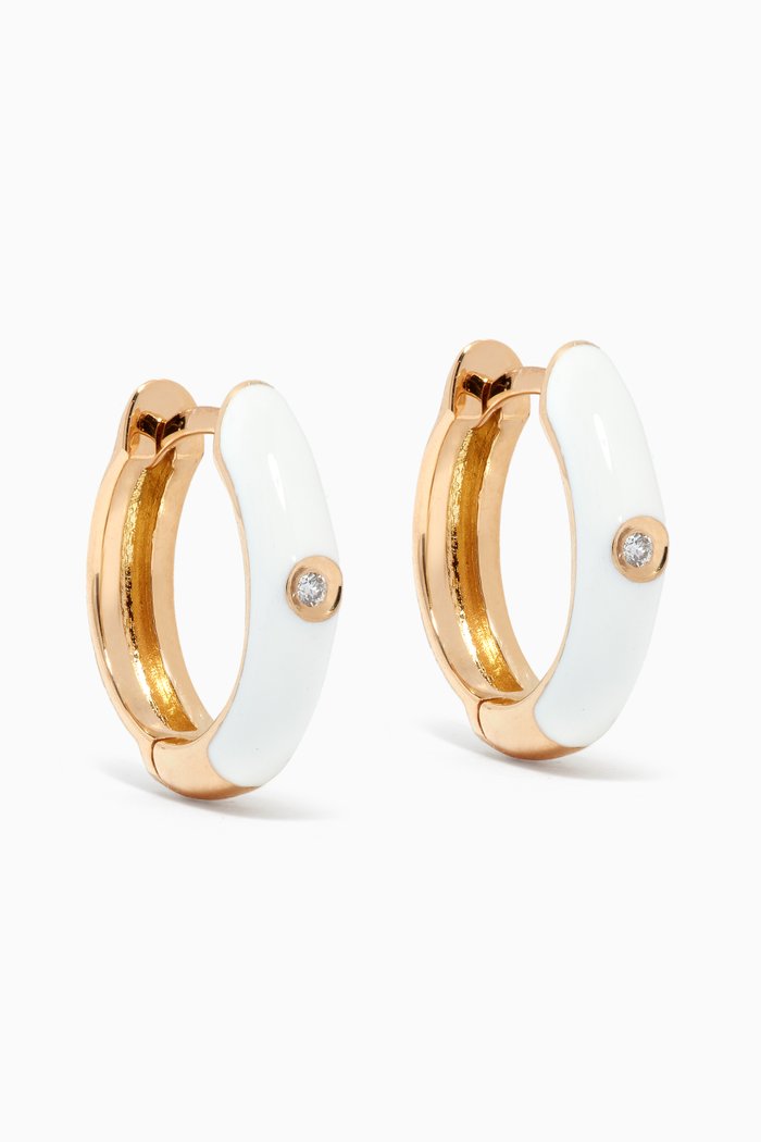 Enamel Huggies with Diamond in 18kt Yellow Gold, White