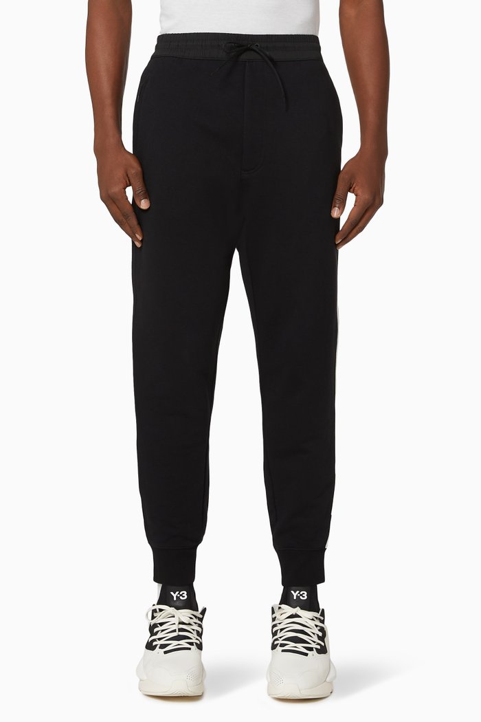 

3 Striped Terry Cotton Cuffed Pants, Black