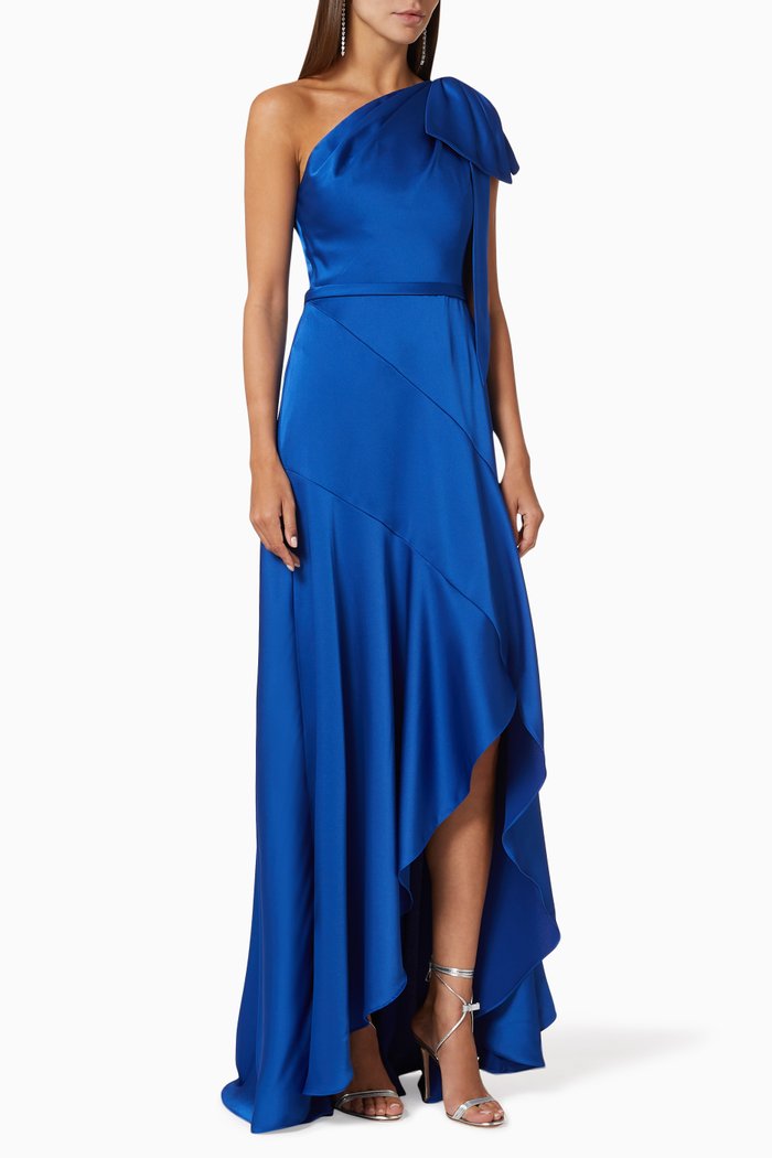

Ariel Asymmetrical Dress in Satin, Blue
