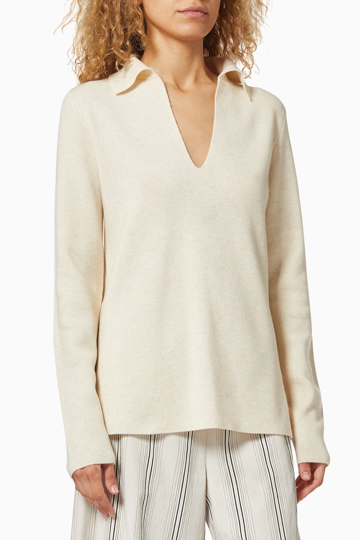 

Wool Cashmere Polo Blouse, Neutral