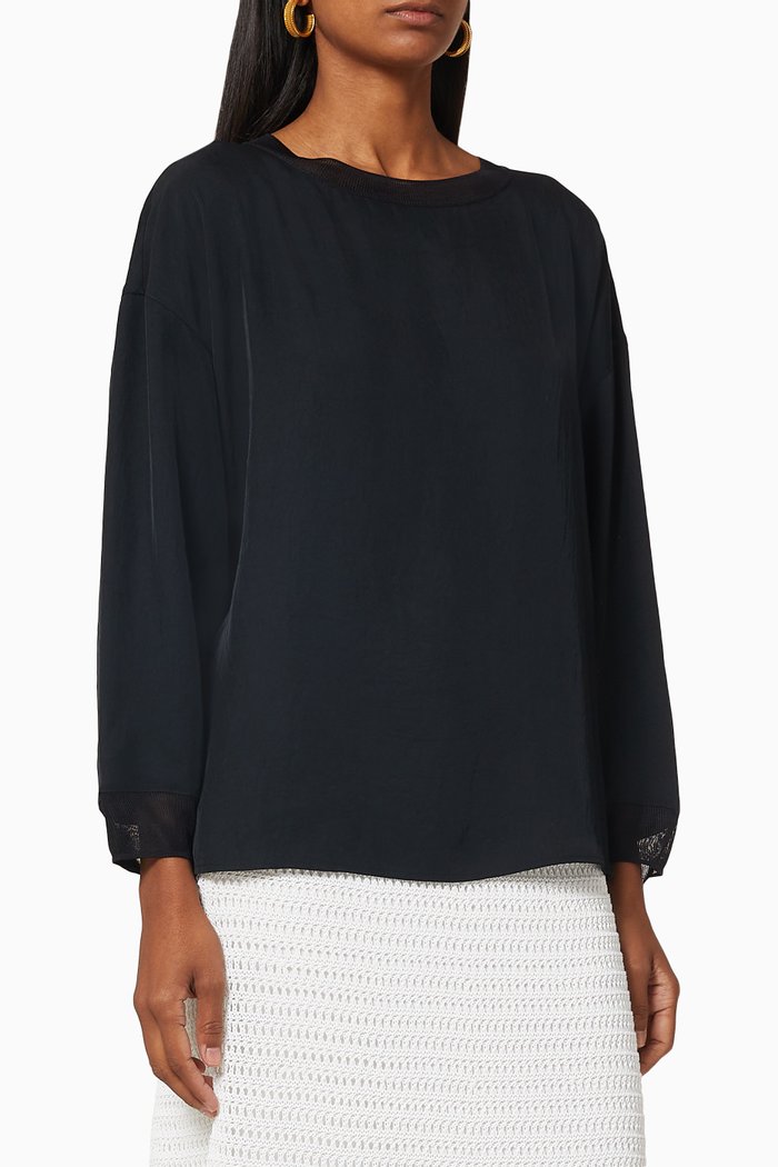 

Rib-knit Twill Top, Black