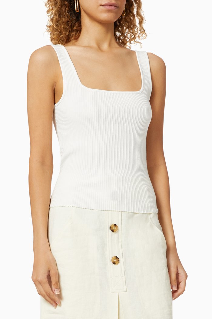 Rib Knit Square Neck Top, White