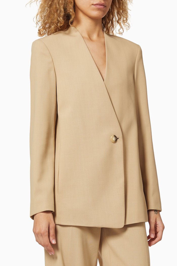 

Collarless Wool-Blend Blazer, Neutral