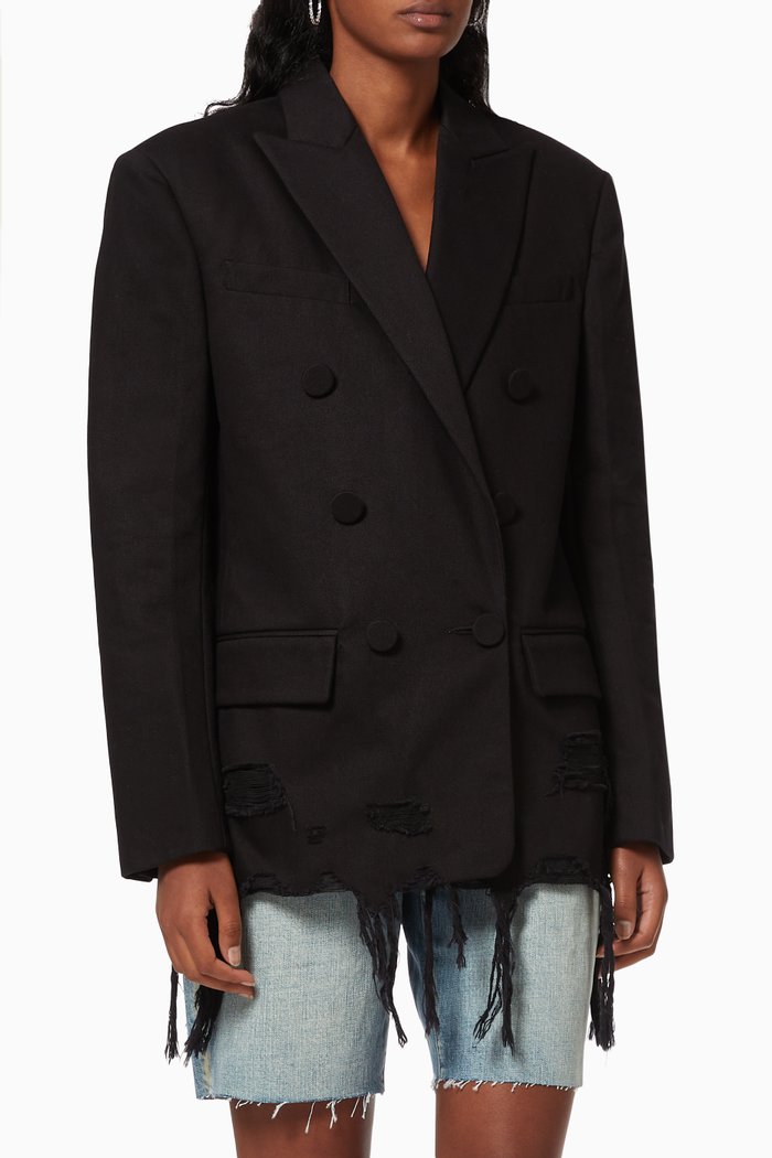 

Double Breasted Frayed Blazer in Denim, Black
