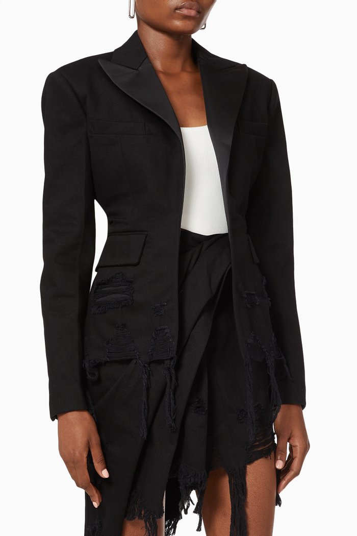 

Denim Tuxedo Blazer with Frayed Hem, Black