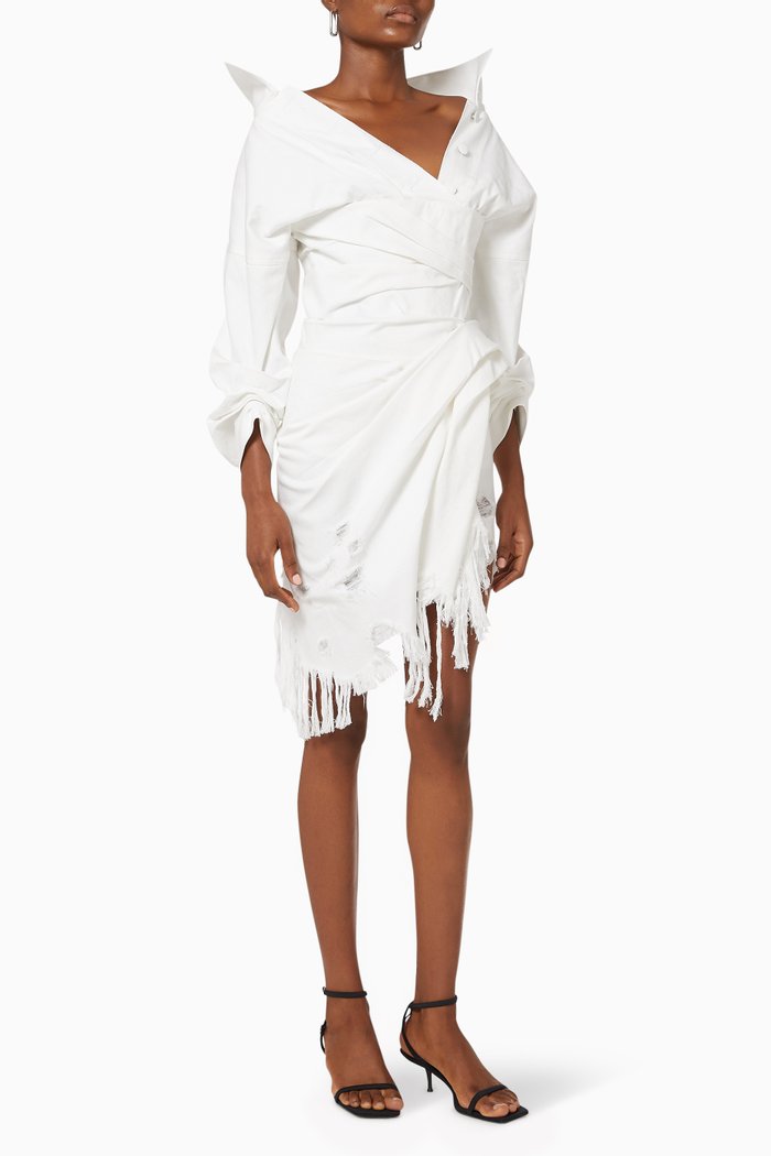 

Corset Denim Dress with Frayed Hem, White