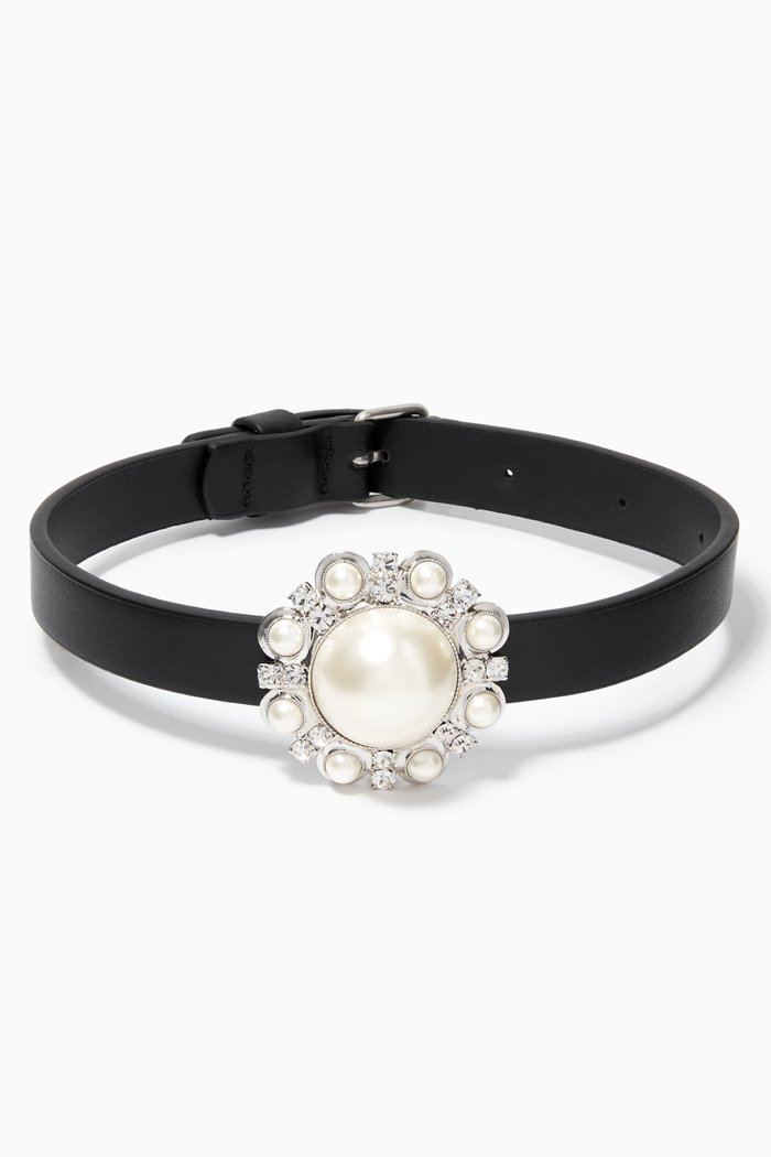 

Crystal and Pearl Choker in Leather, Silver