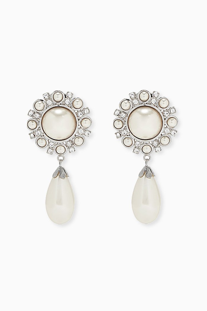 Crystal and Pearl Drop Clip Earrings, Silver