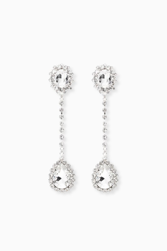 

Long Crystal Drop Clip Earrings, Silver
