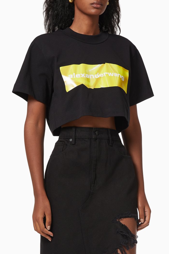 Crumpled Logo Cropped T-shirt in Jersey, Black