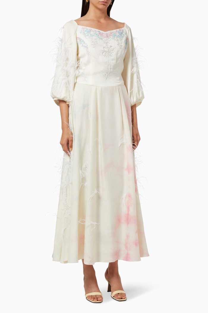 

Printed Dress with Feather Embroidery, Neutral