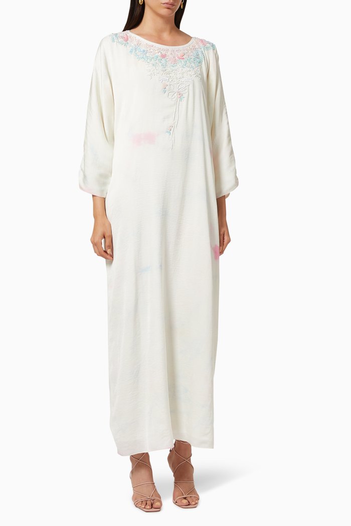 

Ruched Jalabiya with Beaded Embroidery, Neutral