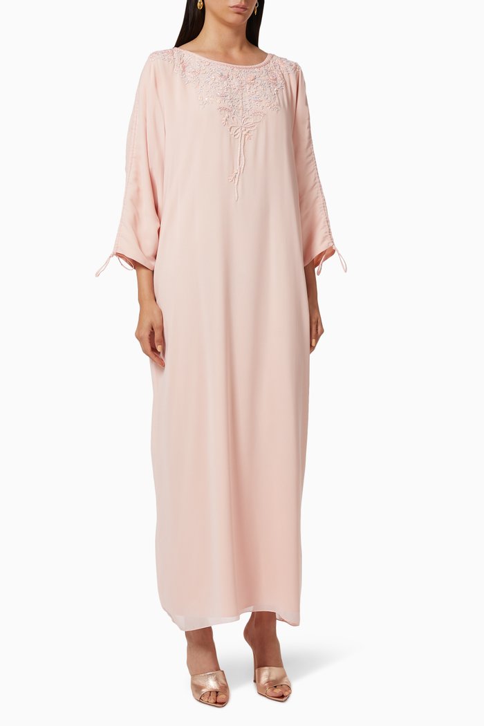 Ruched Jalabiya with Sequin Embroidery, Pink