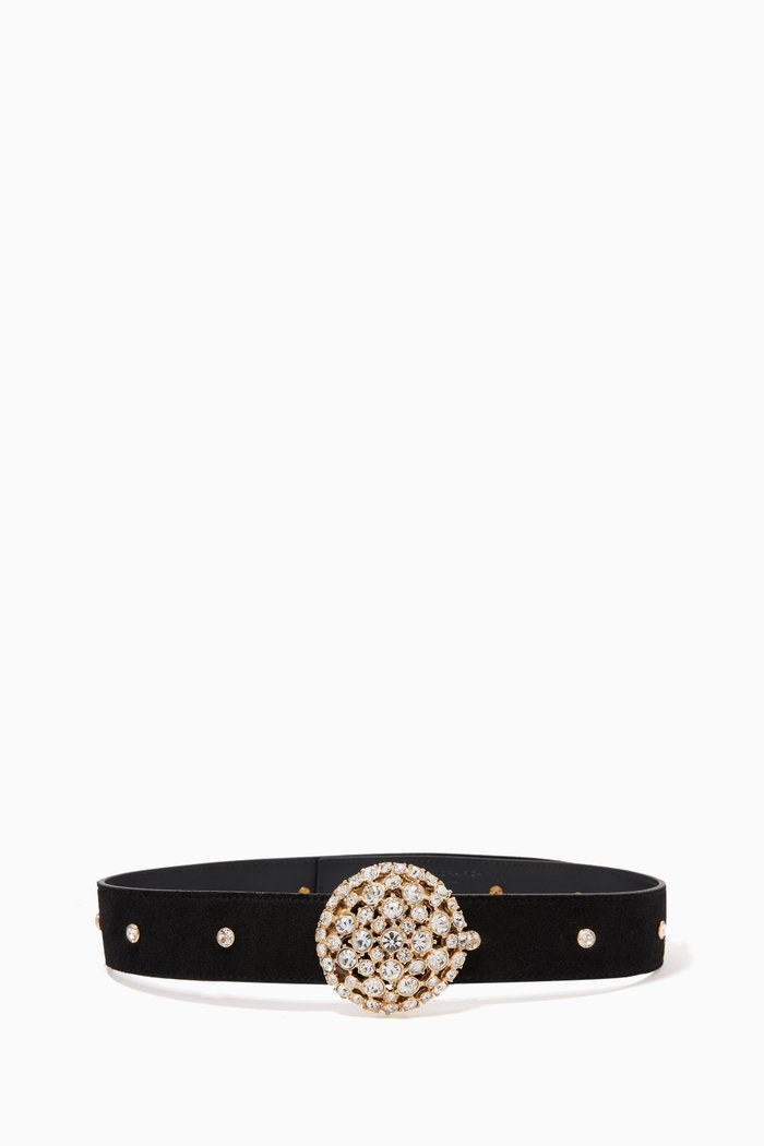 Crystal Buckle Belt in Suede, Black
