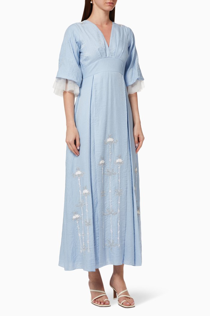 

Cactus Embroidered Pleated Dress, Blue