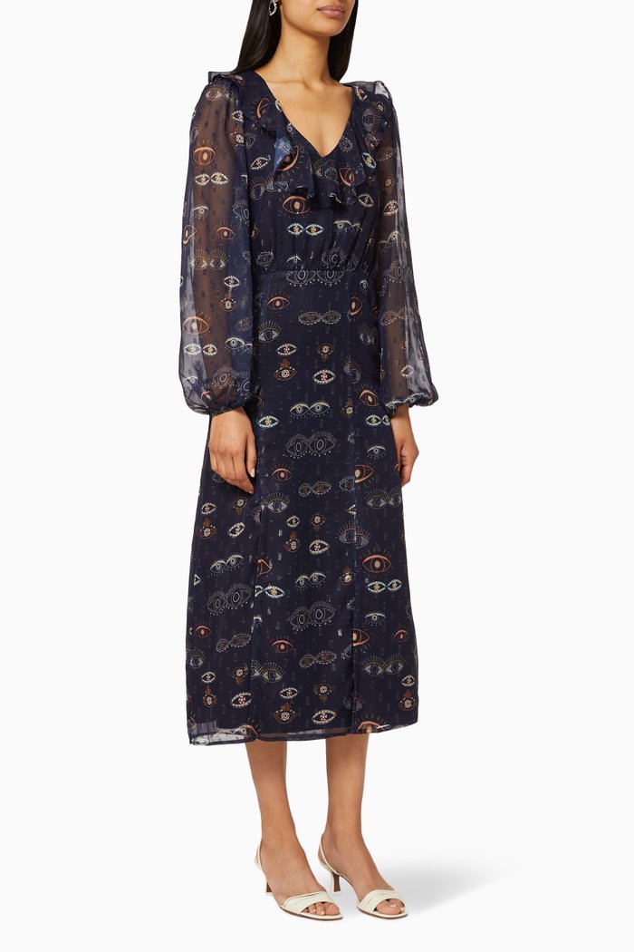

Metallic Iris Sheer Dress, Blue