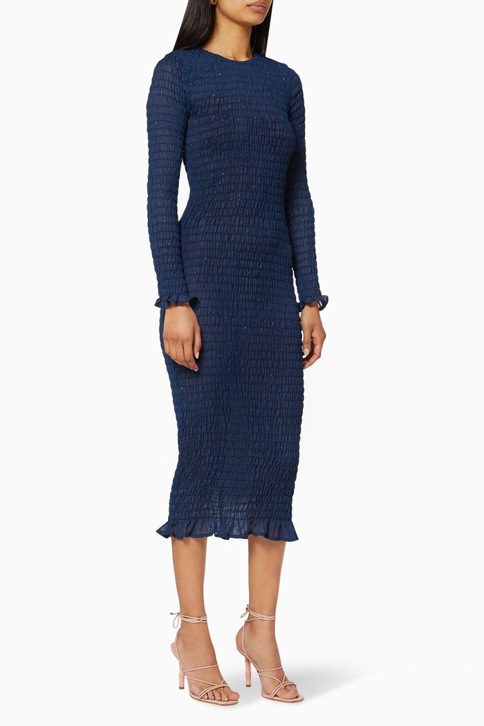 

Fleck Shirred Sheer Midi Dress, Blue