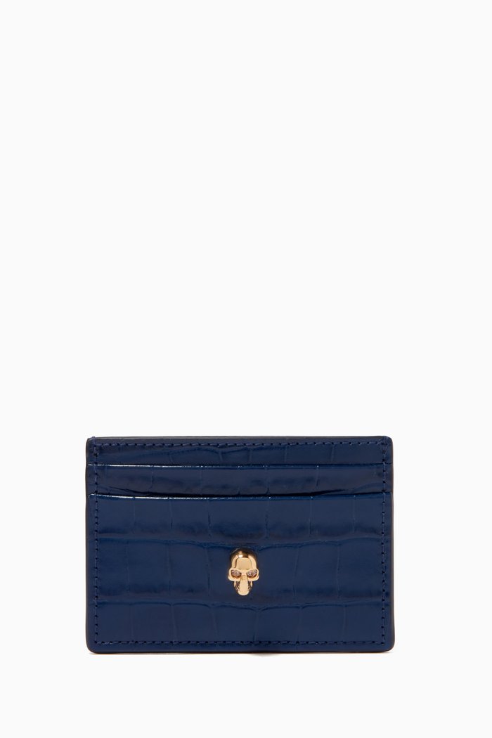 

Skull Card Holder in Croc-embossed Leather, Blue