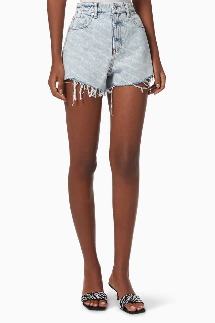 

Frayed Logo Shorts in Denim, Blue