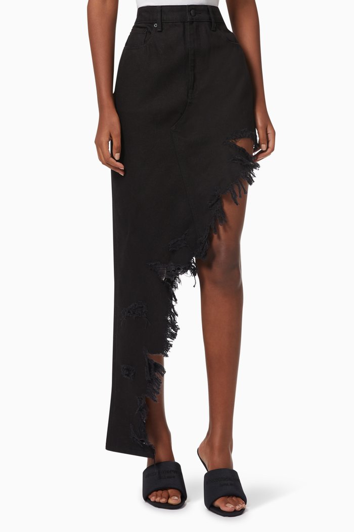 

Asymmetric Frayed Skirt in Cotton, Black