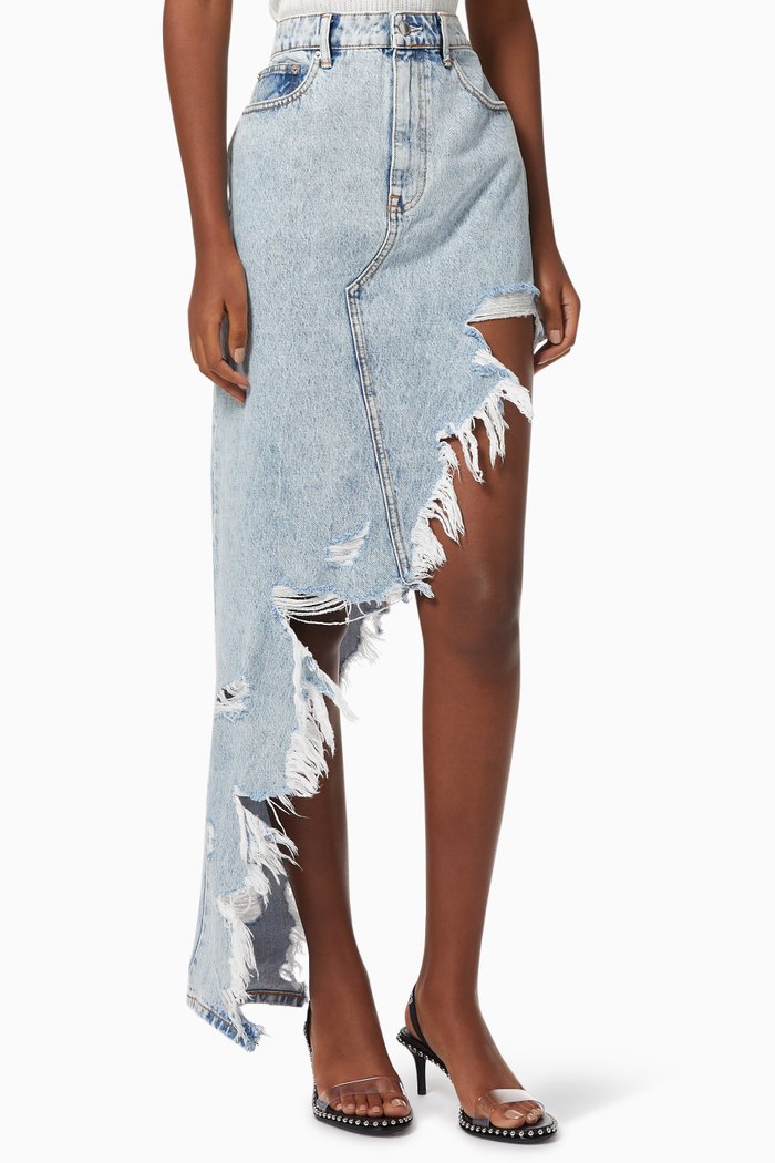 

Asymmetric Frayed Skirt in Cotton, Blue