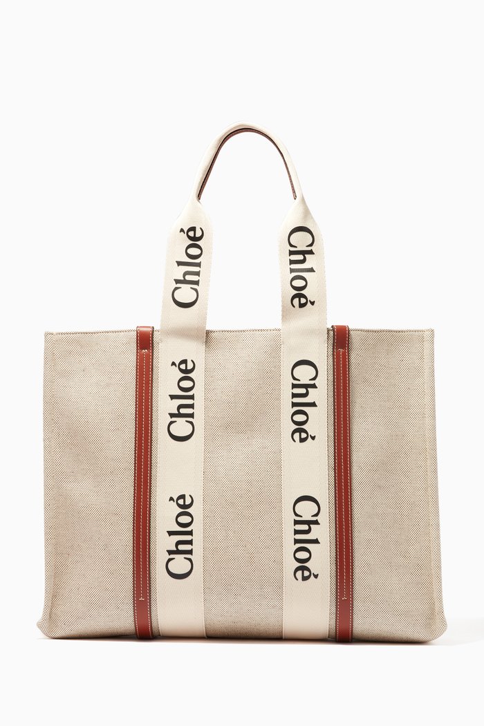 

Large Woody Tote Bag in Canvas & Shiny Calfskin, Brown