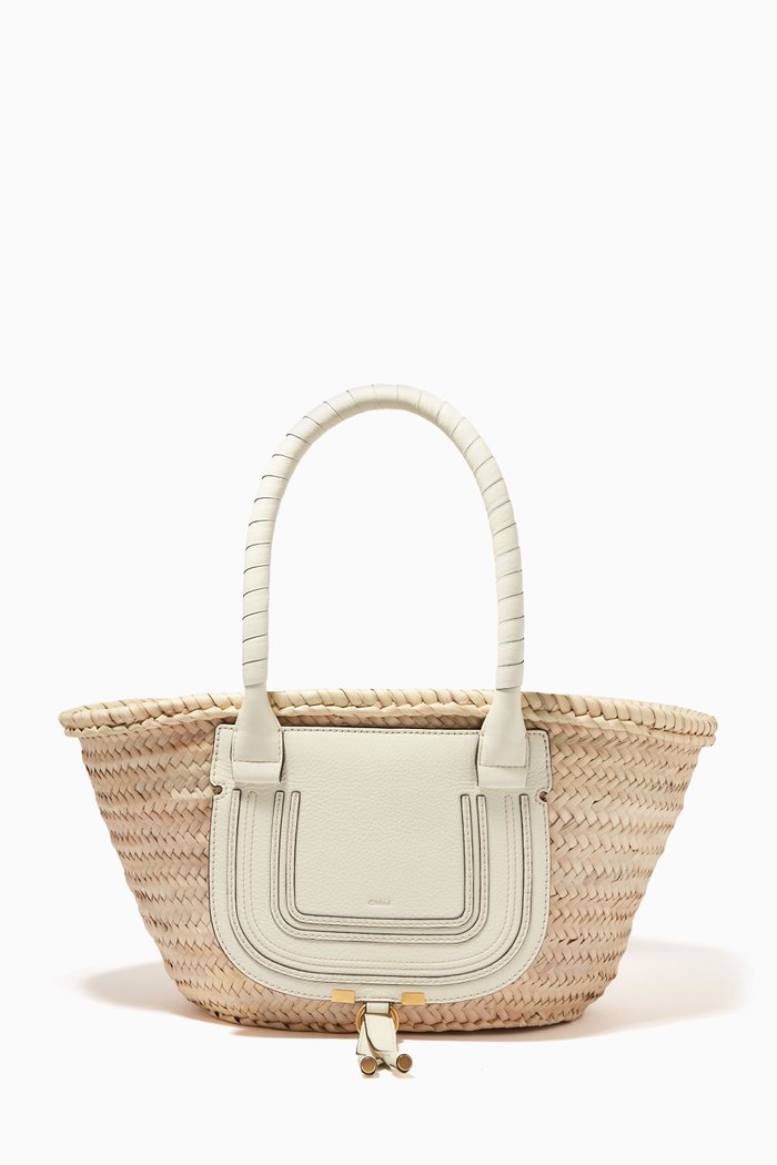 

Medium Marcie Basket Bag in Raffia & Grained Calfskin, White